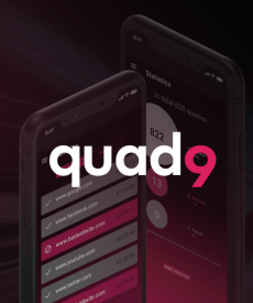 In white, the word "quad" and in pink, the number "9" across a pink tinged background of two phones perpendicular to each other on a dark background with screens statistics and websites being flagged as bad