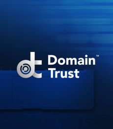 in white, a logo made of the letters "dt" pushed together to share a vertical line, stylized with 2 incomplete circles inside the circle of the "d" next to the logo is are the trademarked words "Domain Trust" the background is blue 